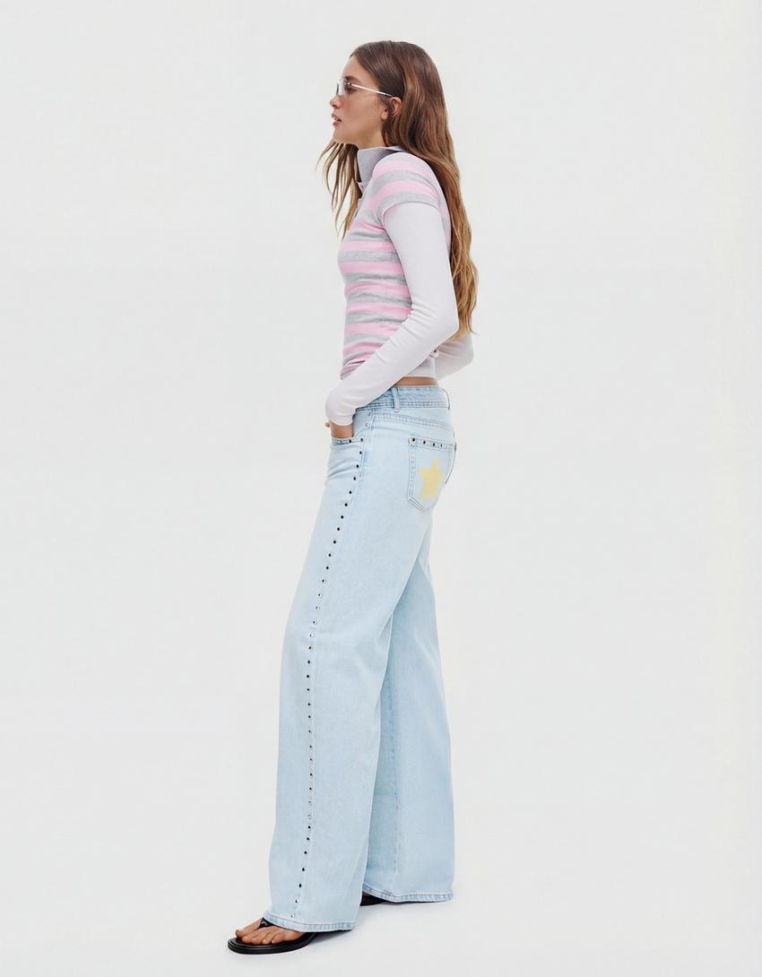 Jean baggy taille basse à clous-Bleu lavé