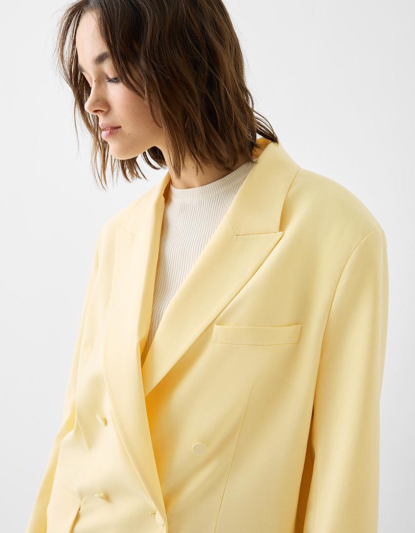 بليزر فضفاض بصف أزرار مزدوج وأزرار مبطنة-أصفر-5