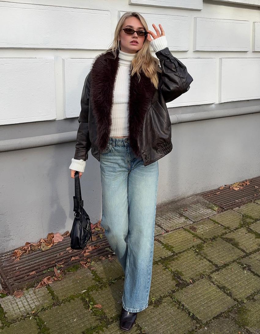 Jeans perna larga straight fit-Azul lavado