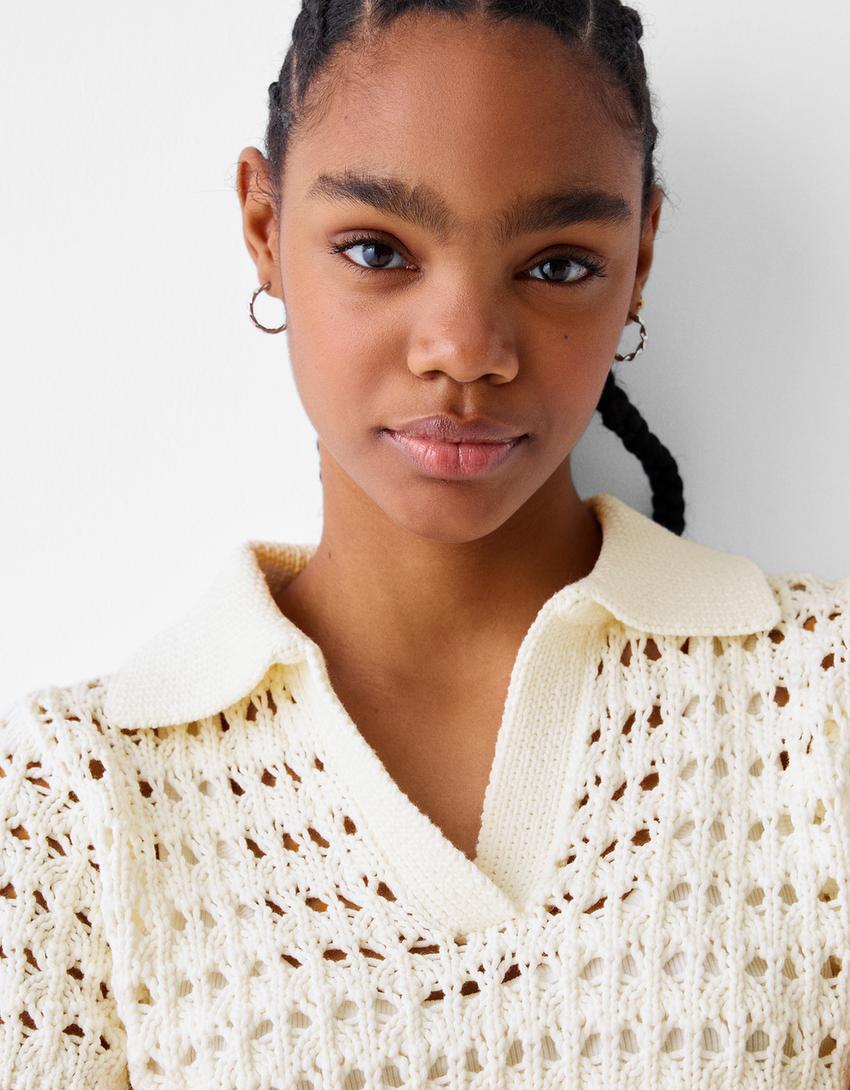 قميص ريفي بغرزة مخرمة وأكمام قصيرة-كريمي-2