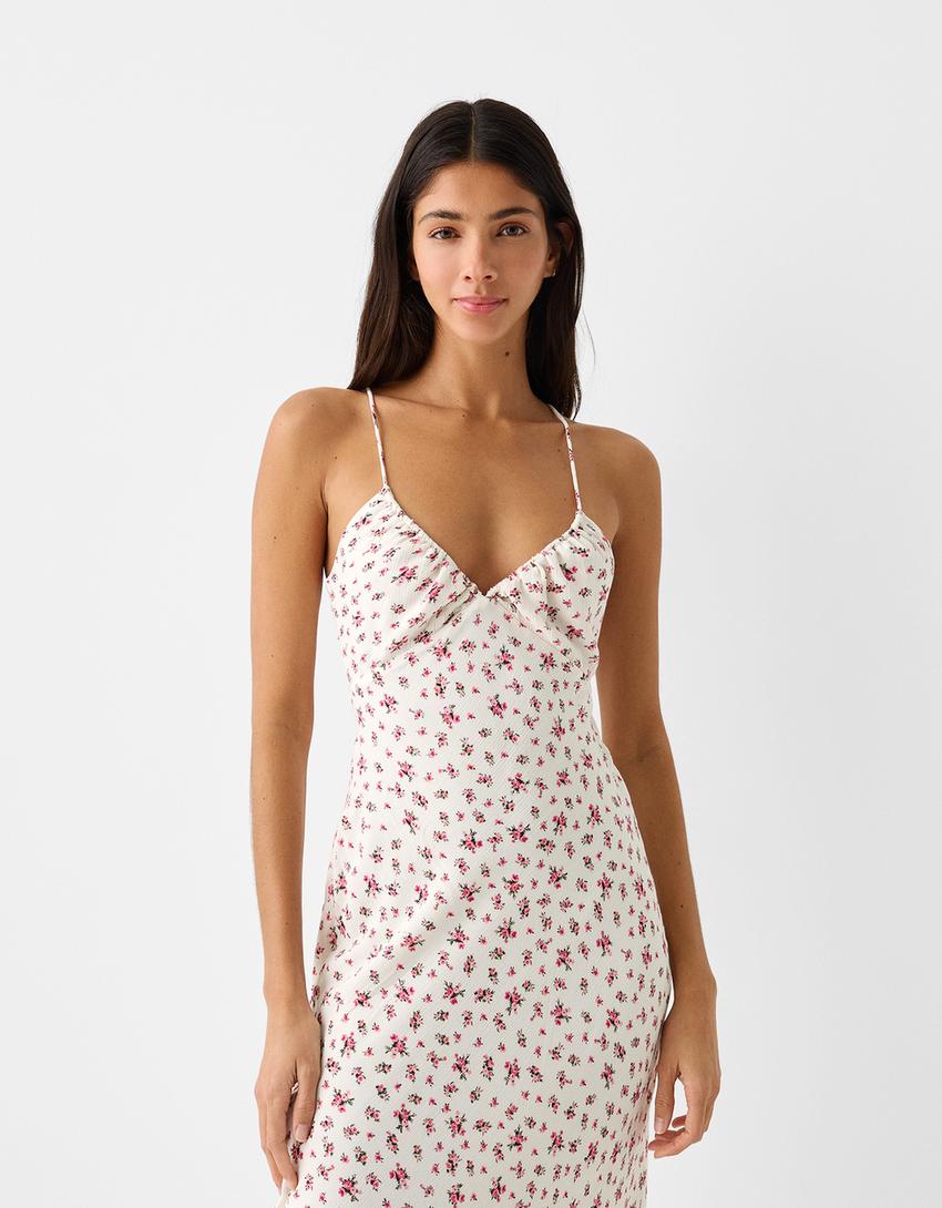 فستان كريب بحمالات وطبعة-كريمي-1