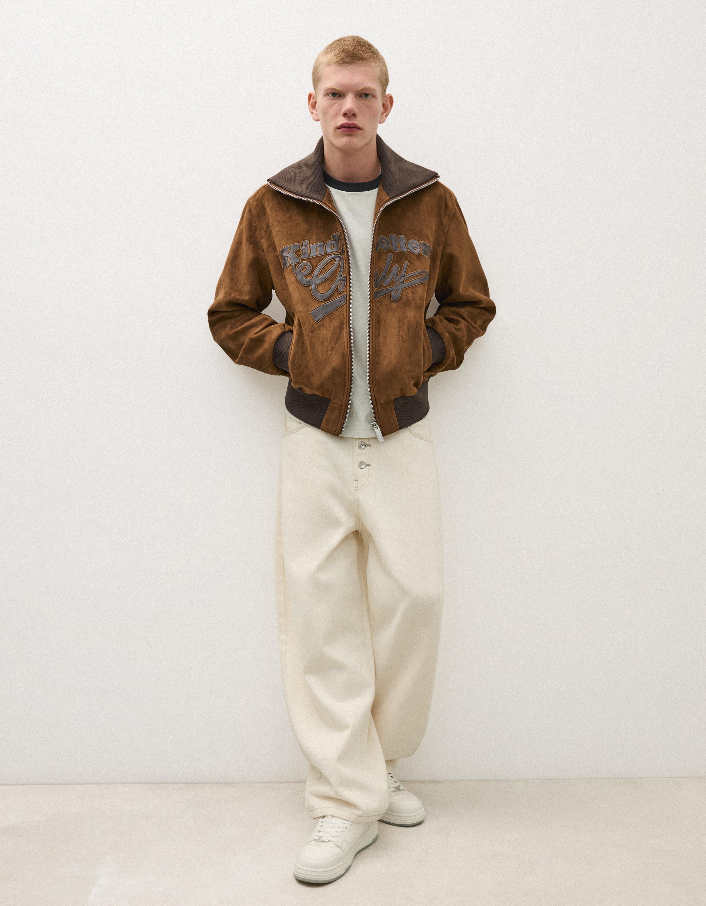 Bershka Cazadora Efecto Suede Retro Hombre L Marrón
