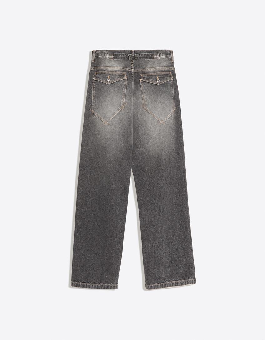 Jeans barrel fit con fibbia posteriore-Grigio scuro