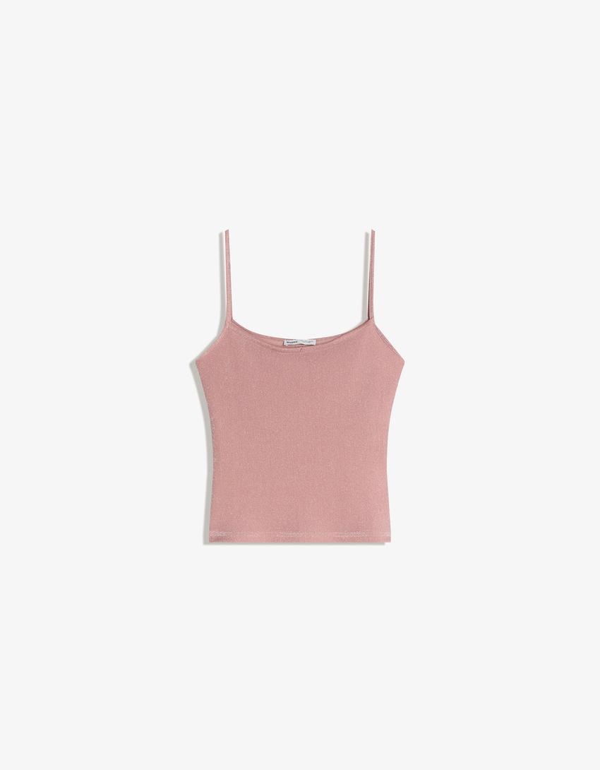 Metallic thread strappy top-Pink