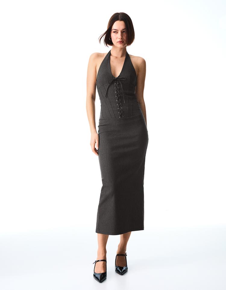 Twill halter midi dress — Dark blue
