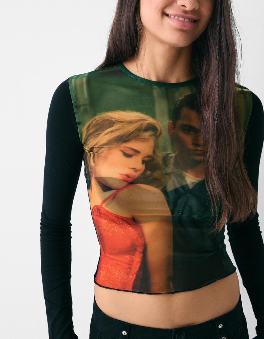 Long sleeve Cry-Baby print tulle T-shirt-Black-2