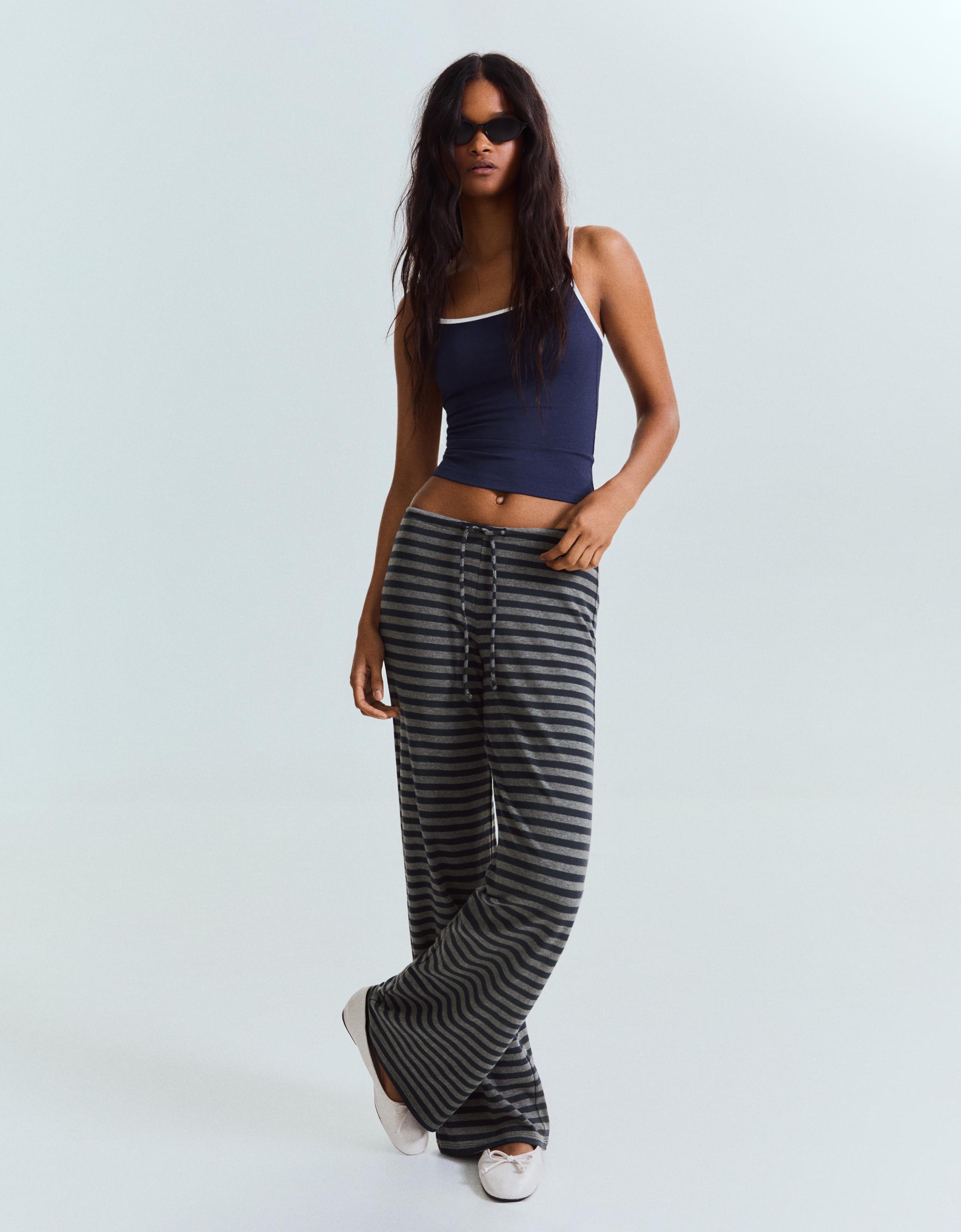 Bershka Pantalón Straight Print Rayas Mujer Gris Oscuro