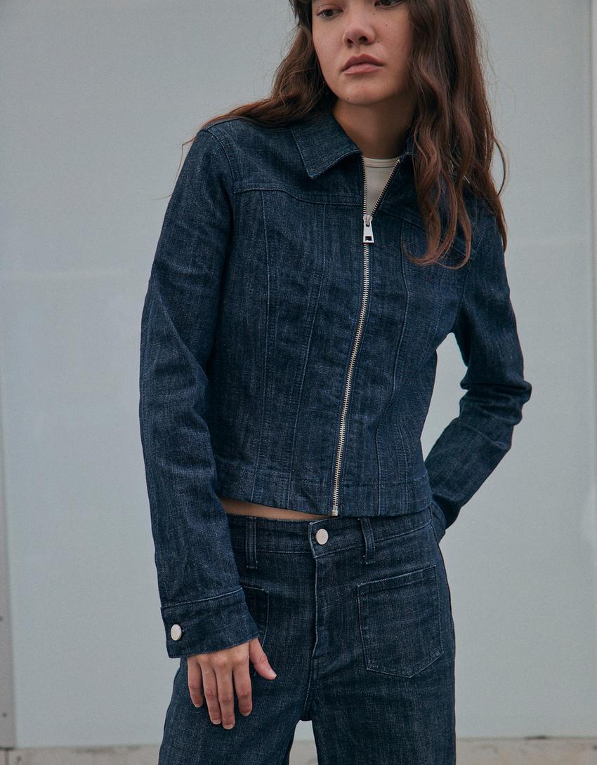 Jakke i denim med lynlås-Marineblå-6