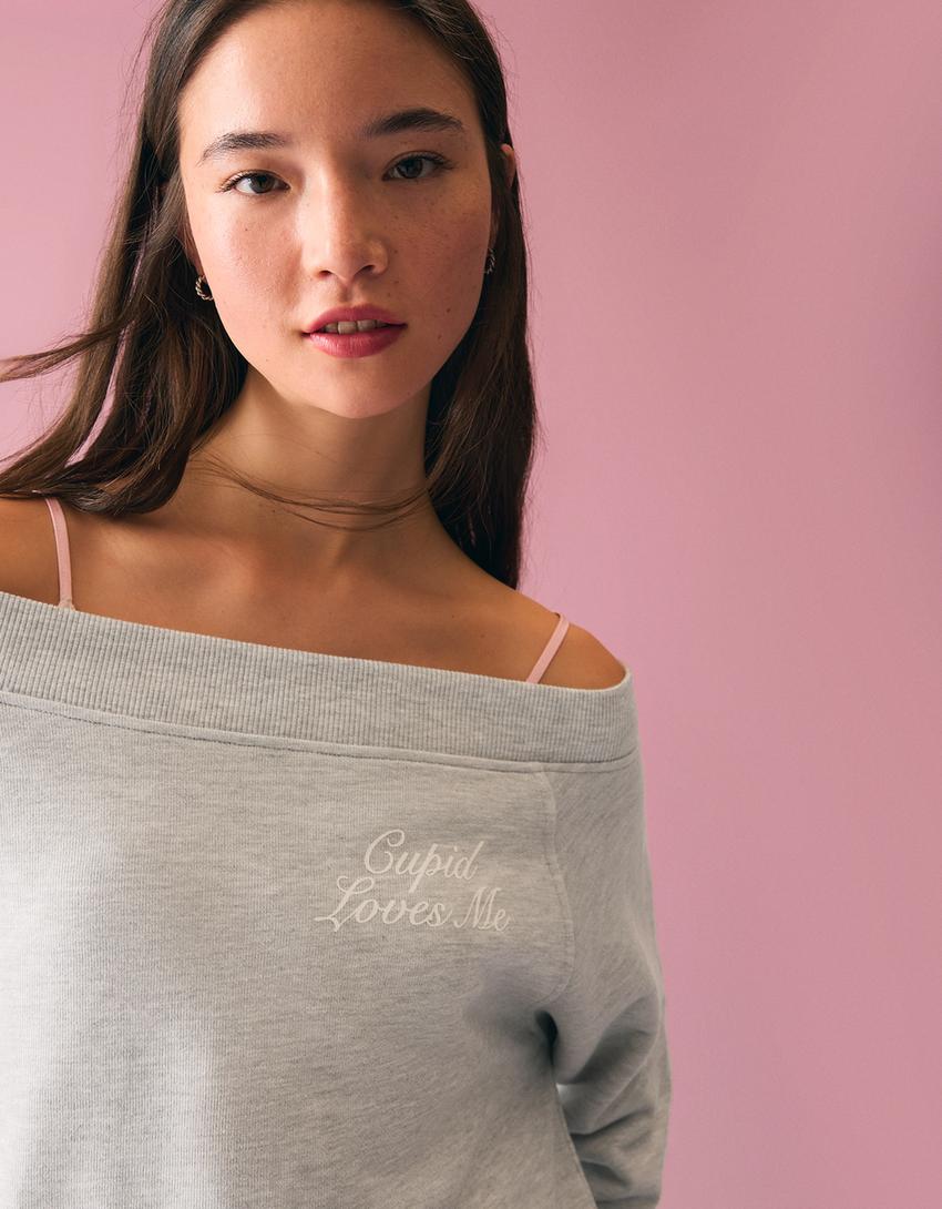 Camisola decote bardot strass-Cinza