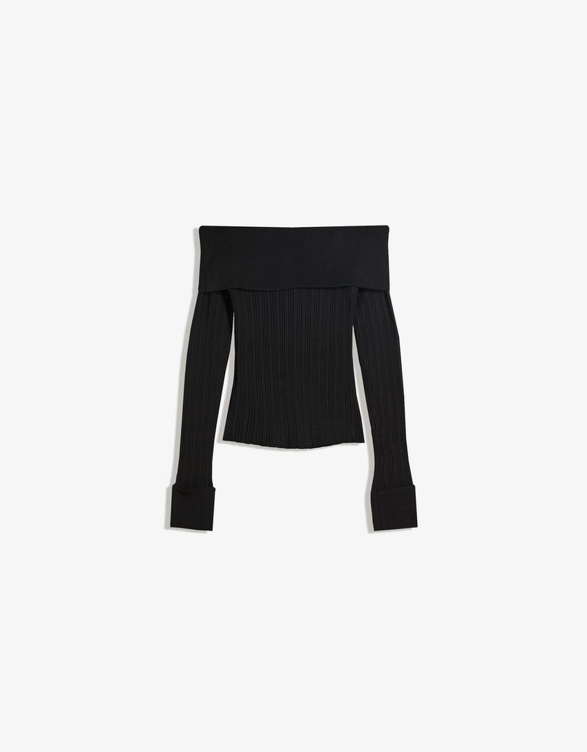 Pull texturé à col Bardot-Noir-4