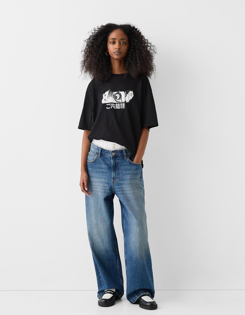 T-shirt Juni Ito Collection de manga curta boxy bordado-Preto-3