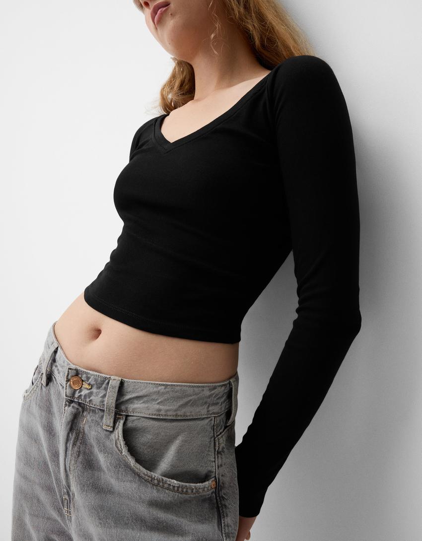 2-pack of long sleeve V-neck T-shirts - Women | Bershka