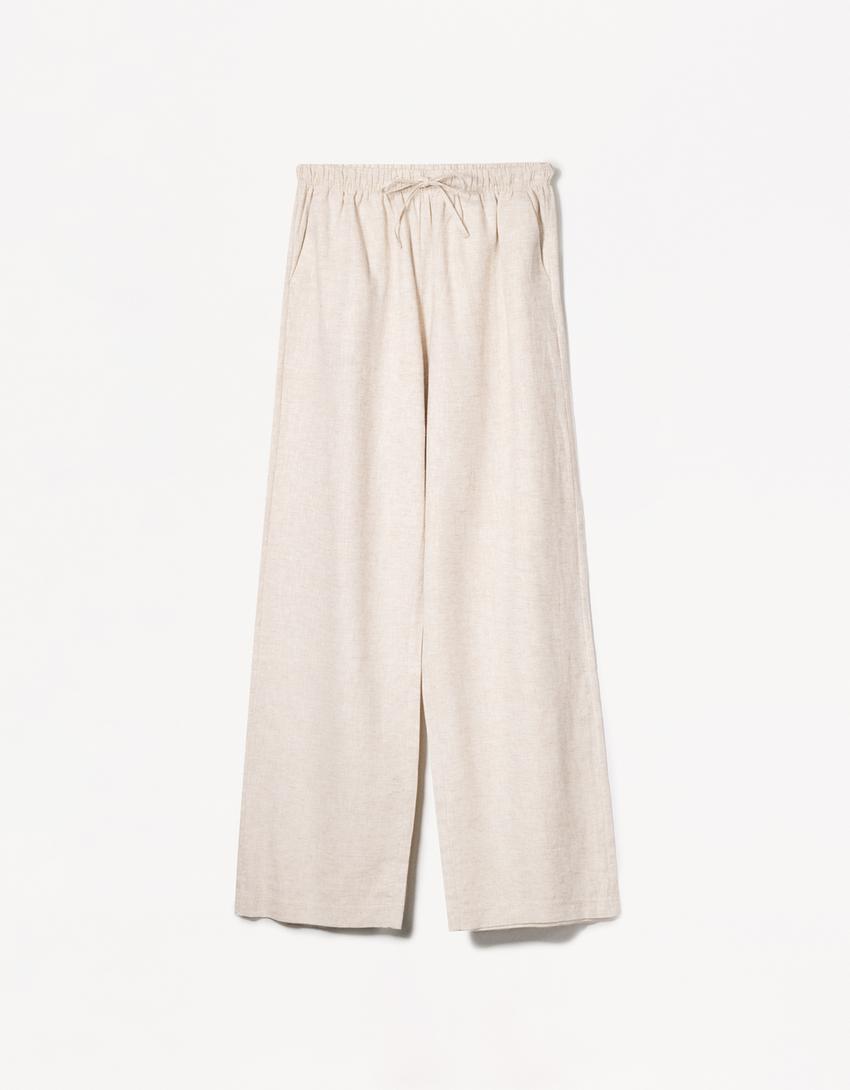 Pantalon lin taille élastique-Écru-3