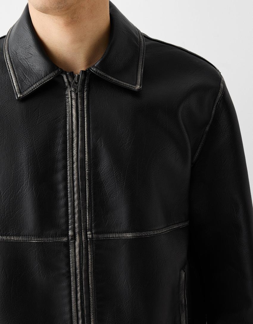 Шофьорско яке от изкуствена кожа-Черно-5