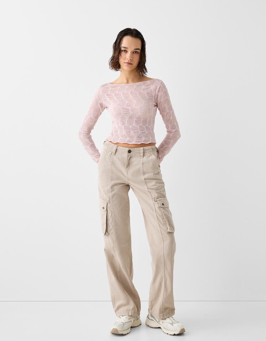 Long sleeve textured Bardot T-shirt-Pink-4