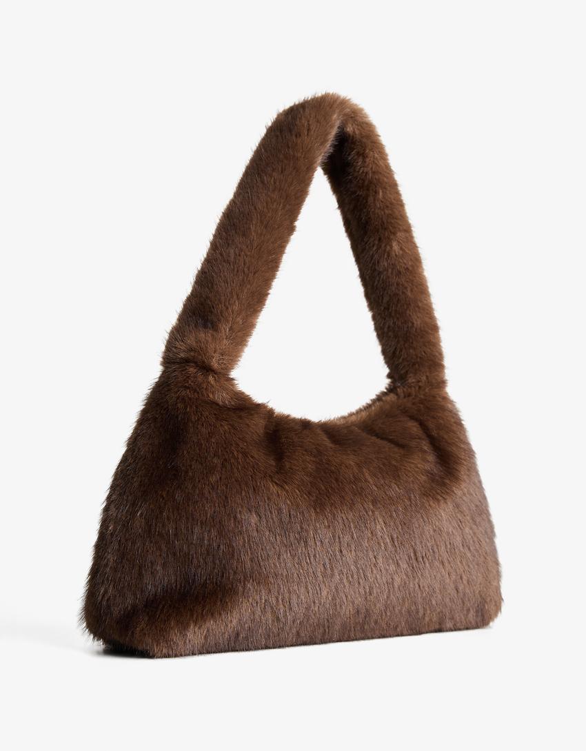 Faux fur shoulder bag-Brown