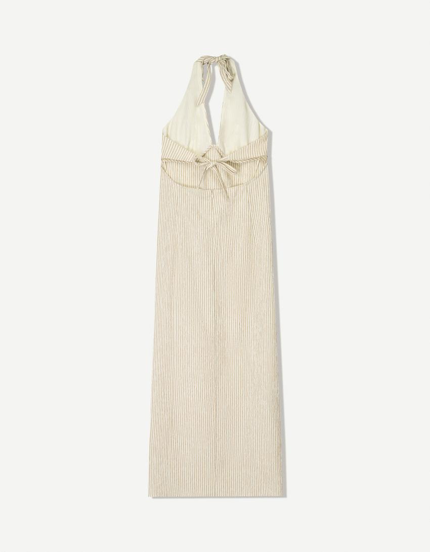 Halter yaka midi elbise-Kum rengi-5