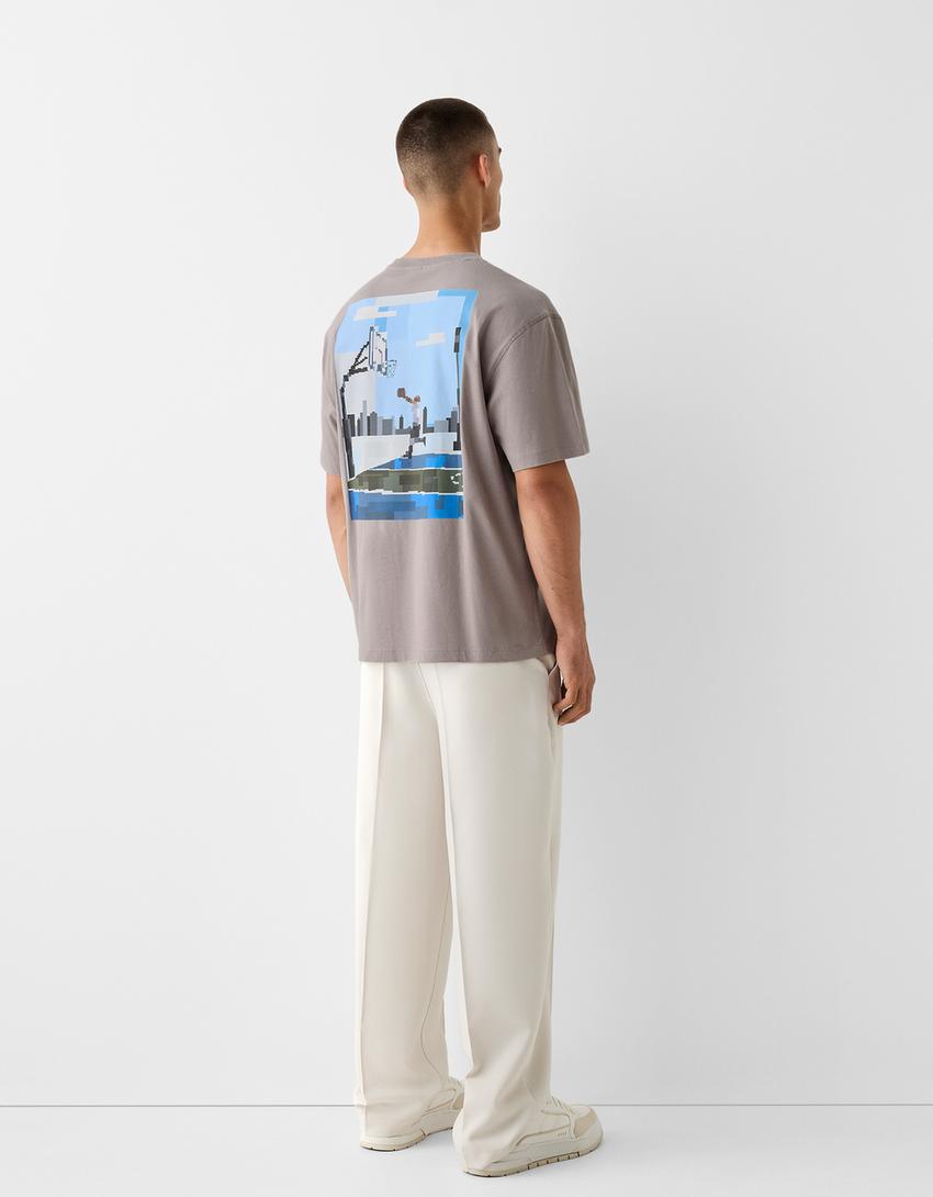 T-shirt boxy manches courtes imprimé-Gris-1