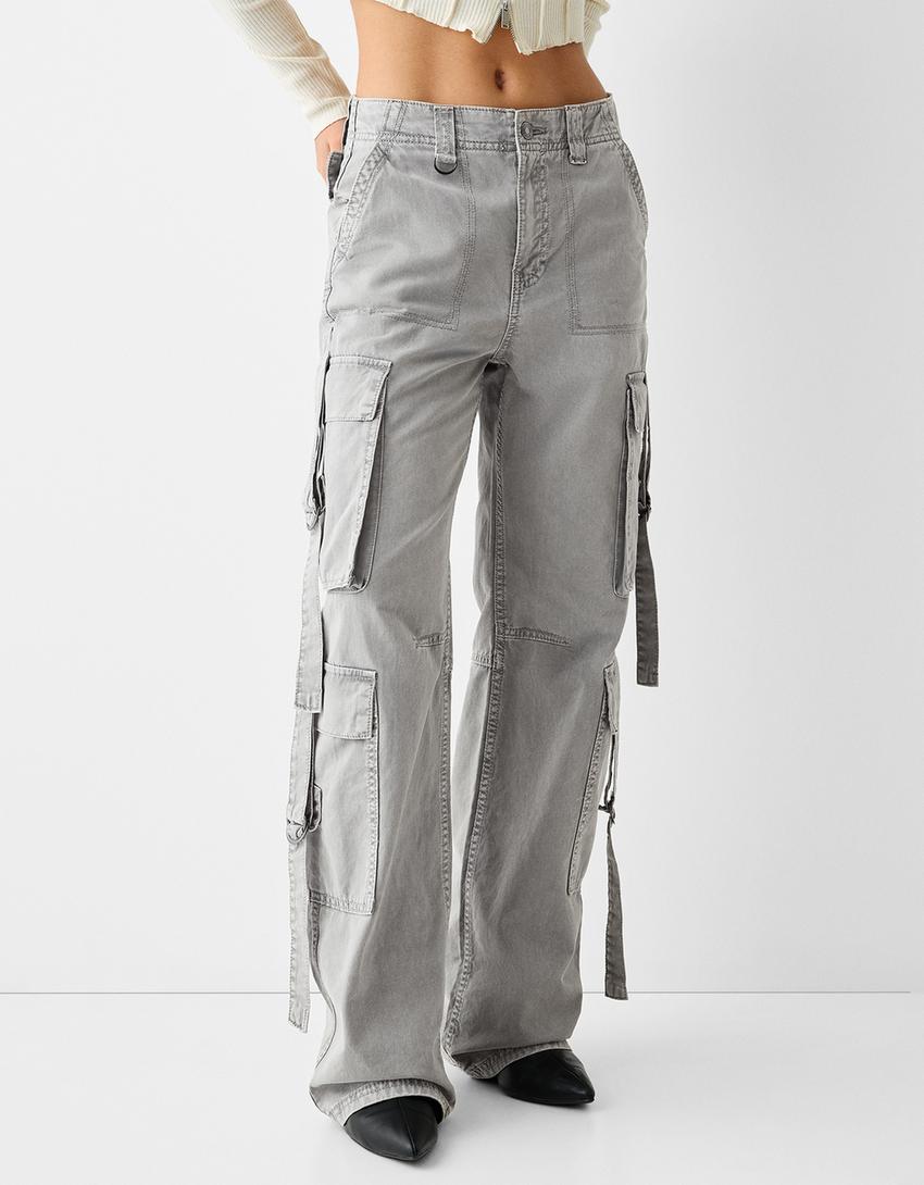 Pantalon cargo coton lanières-Gris-1