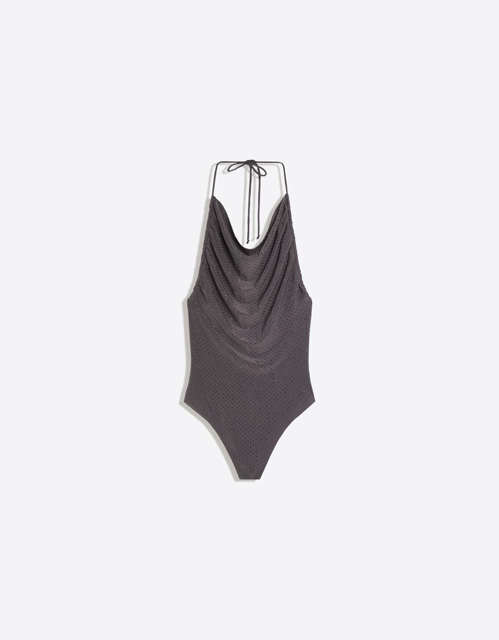 Bershka Rinestoneslu qayışlı draplı halter boyun bodysuit
