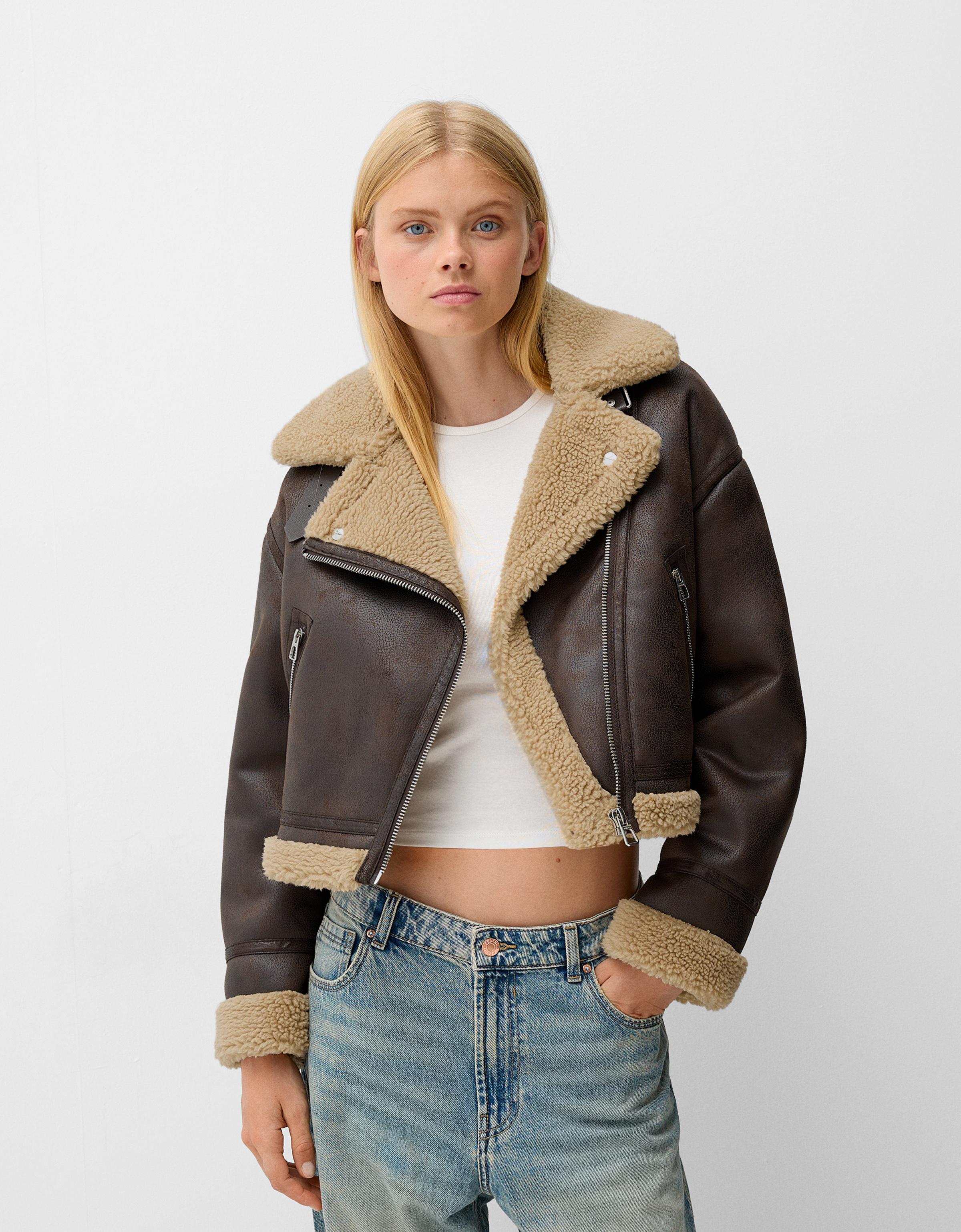 Bershka Doubleface-Bikerjacke Damen S Braun