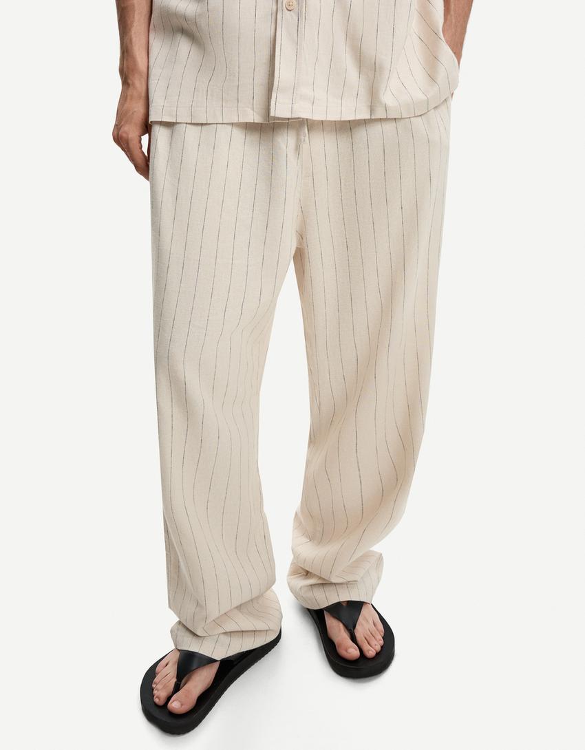 Wide-leg linen blend jogger trousers-Beige-2