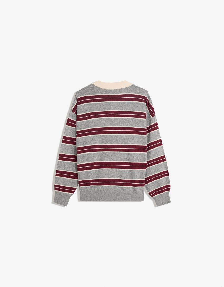 Stickad tröja med polokrage-Vinröd-1