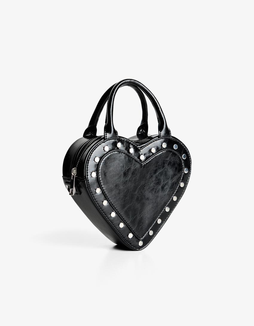 Leather effect heart bag with studs-Black
