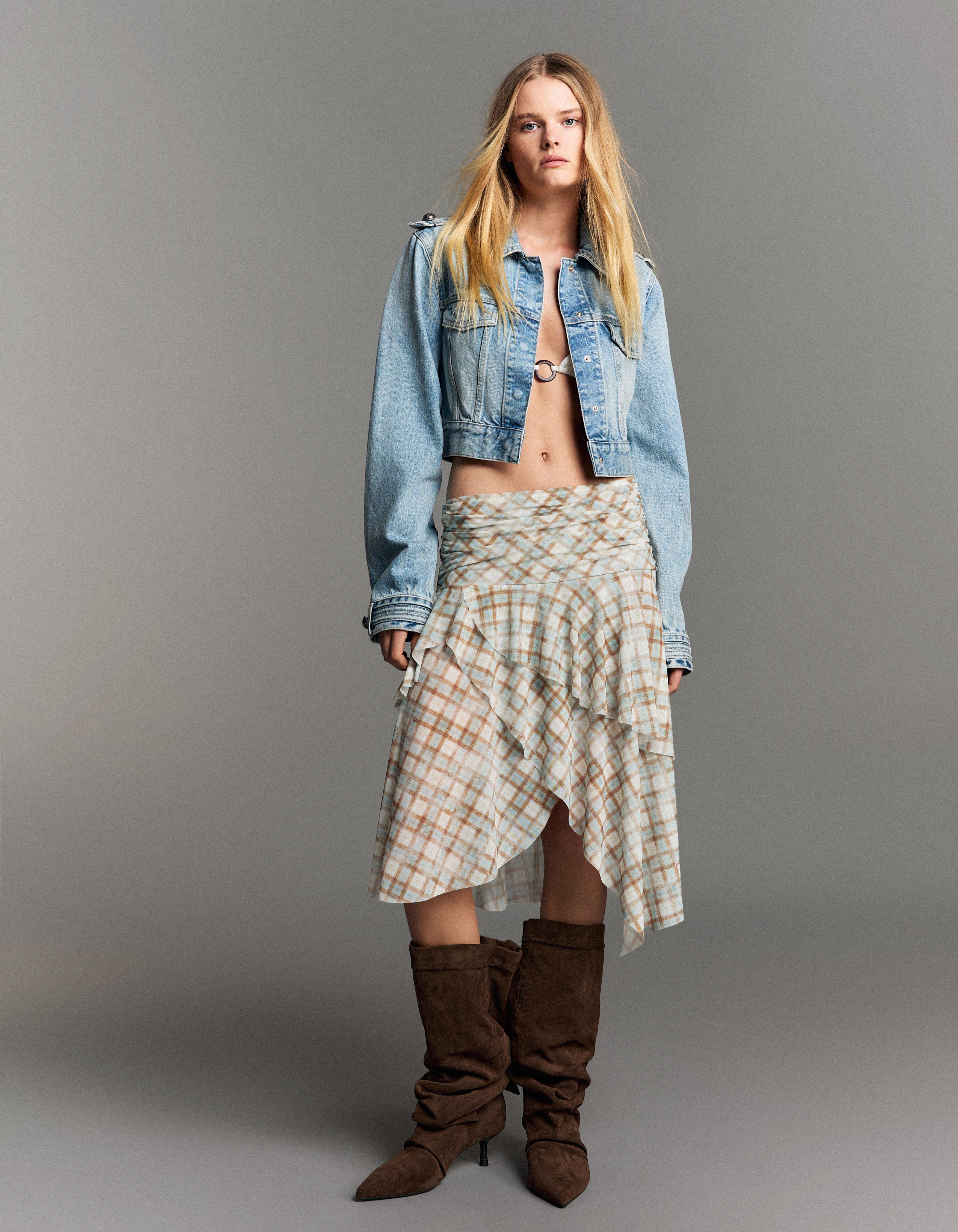 Bershka Falda Midi Cuadros Mujer Azul Claro