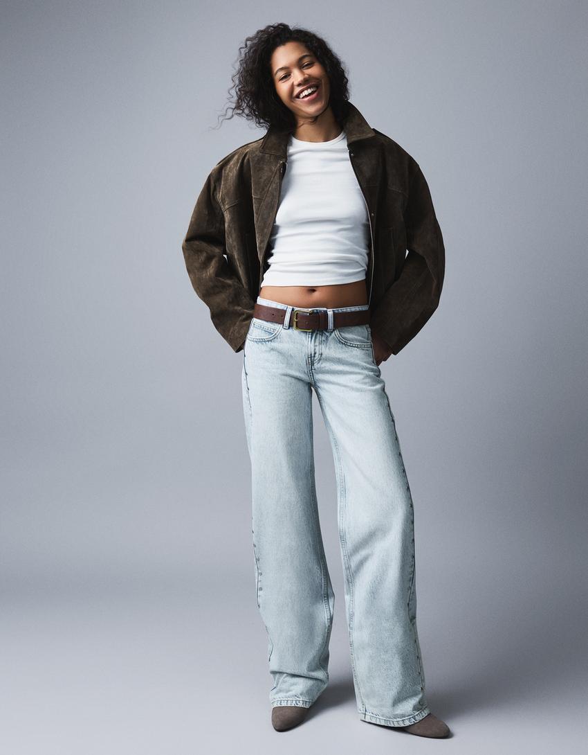 Yıldız zımbalı düşük bel baggy fit jean-Açık mavi