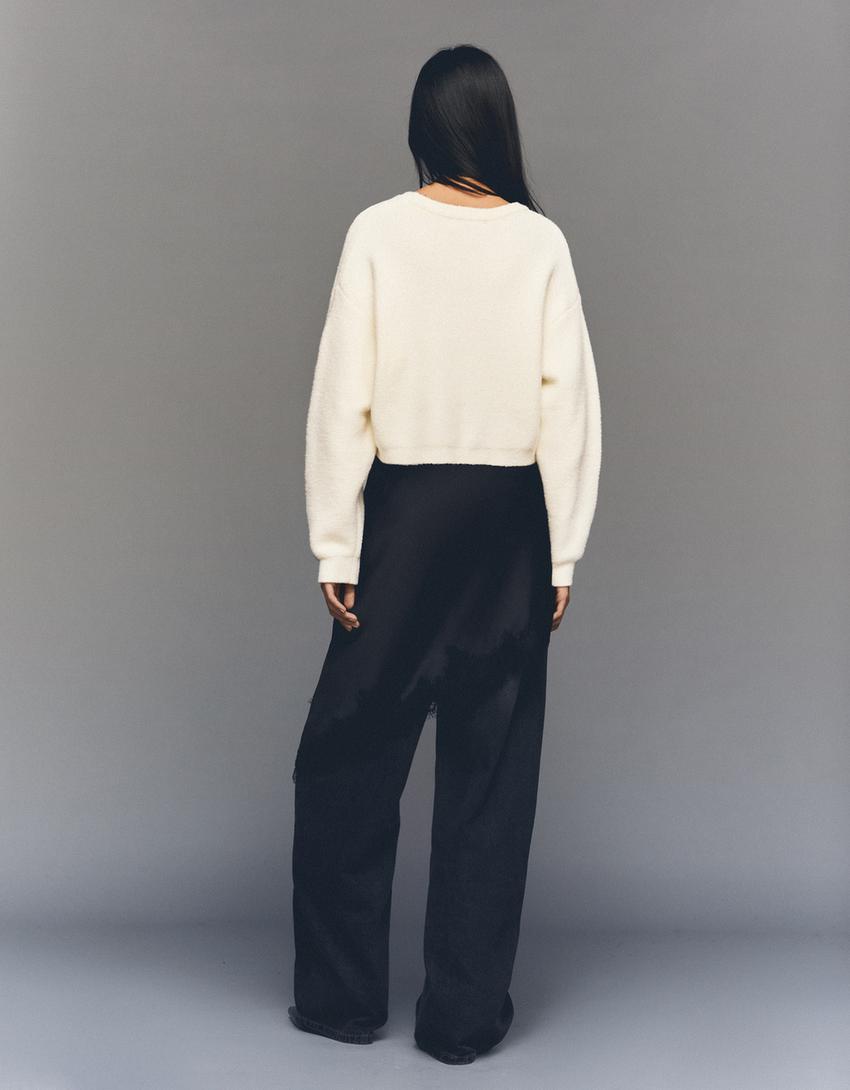 Cropped faux fur jumper-Cream