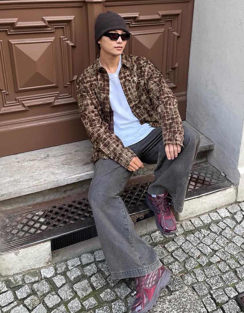 Oversize check shirt-Brown