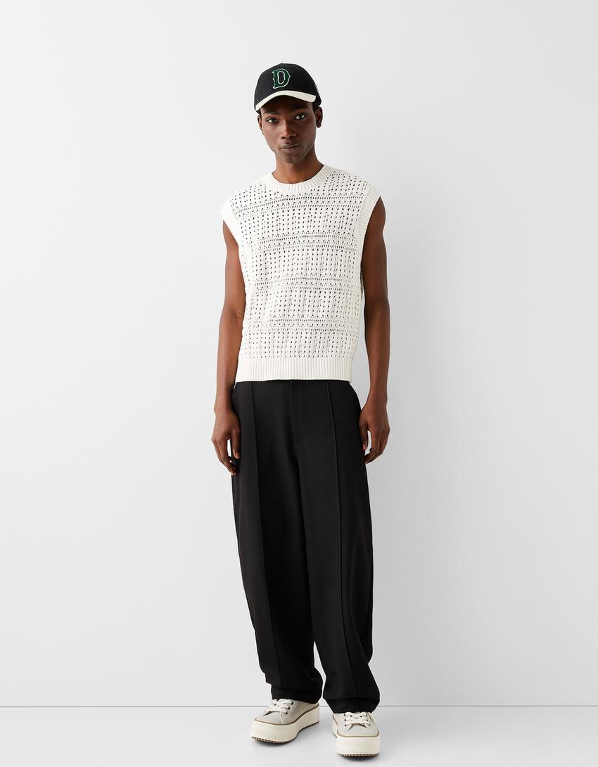 Textured openwork vest-White-3