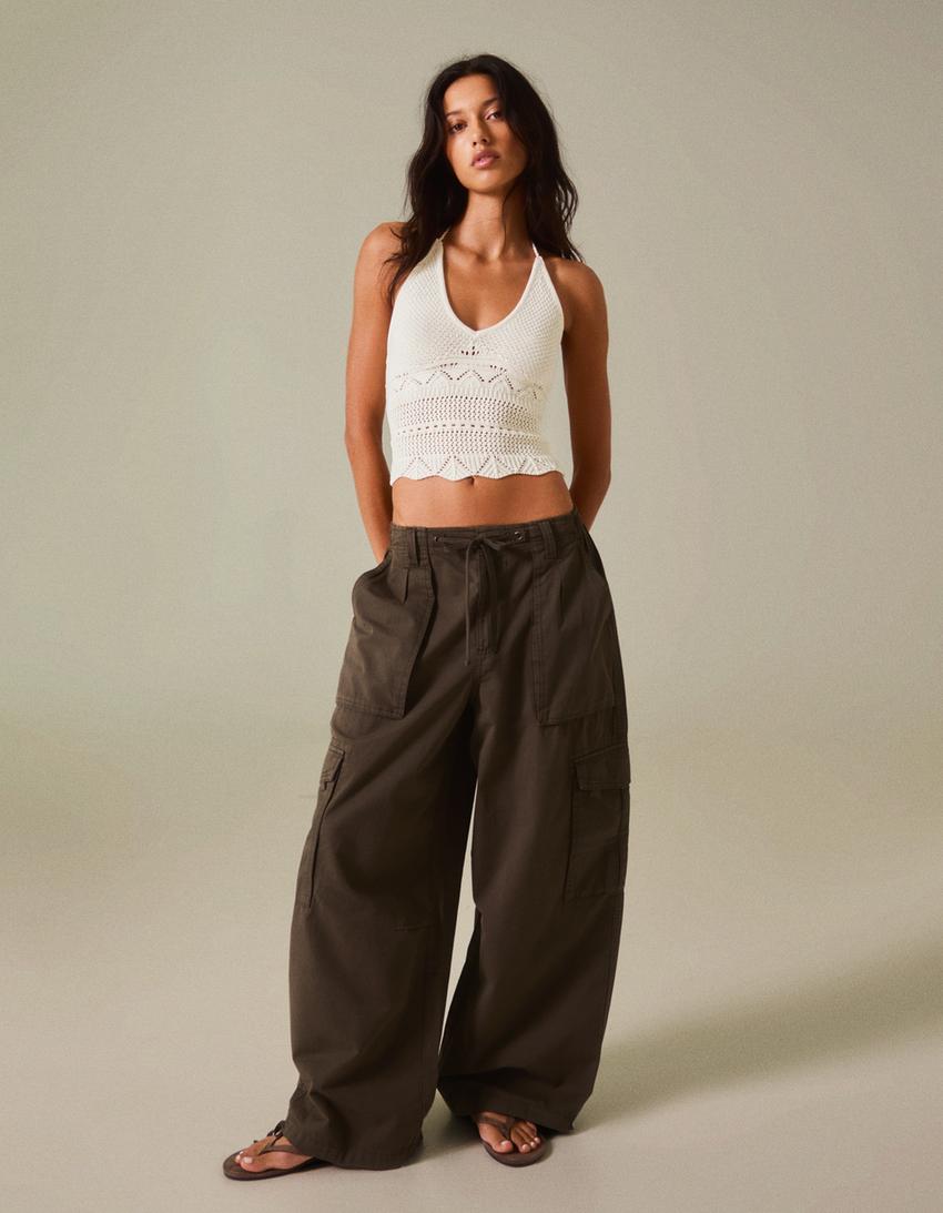Rustykalny top typu halter z dzianiny-Kremowy