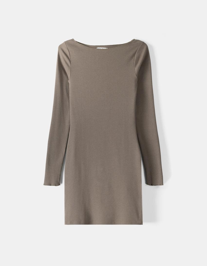 فستان ميدي محاك ومضلع بأكمام طويلة وياقة بوت-كاكي-4