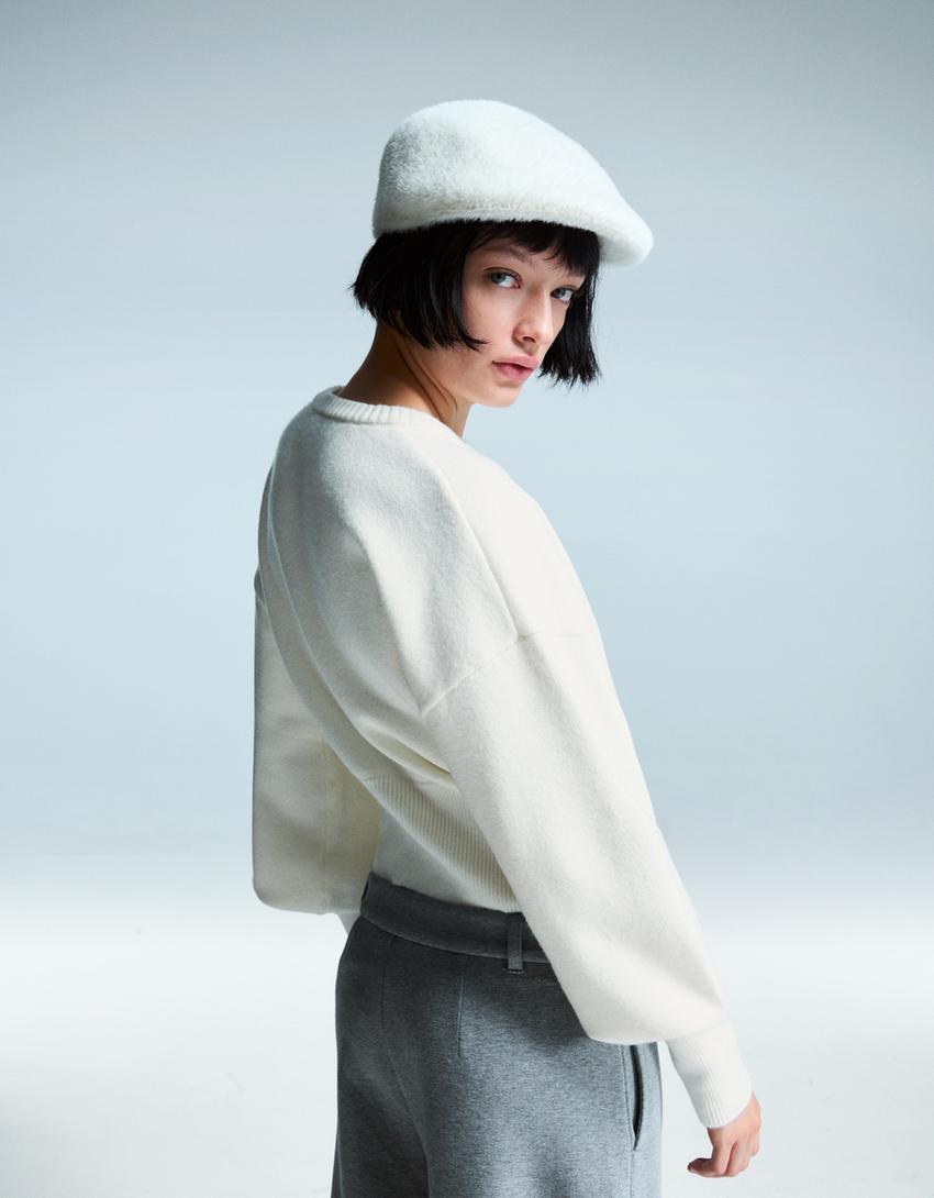 Cardigan justo com nervuras-Cru