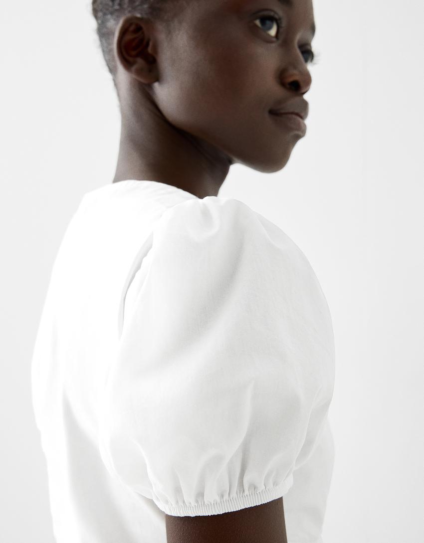 قميص بوبلين بأكمام قصيرة وربطة في الأمام-أبيض مطفي-5