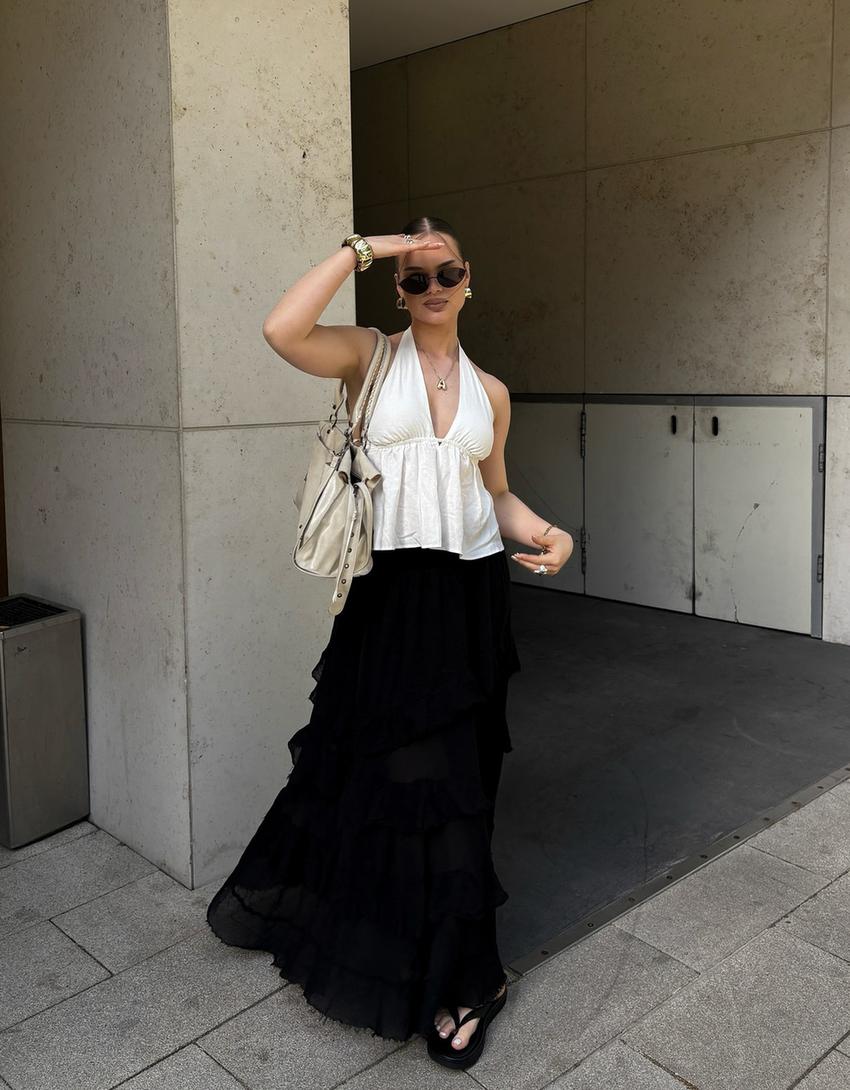 Saia maxi com folhos-Preto-0