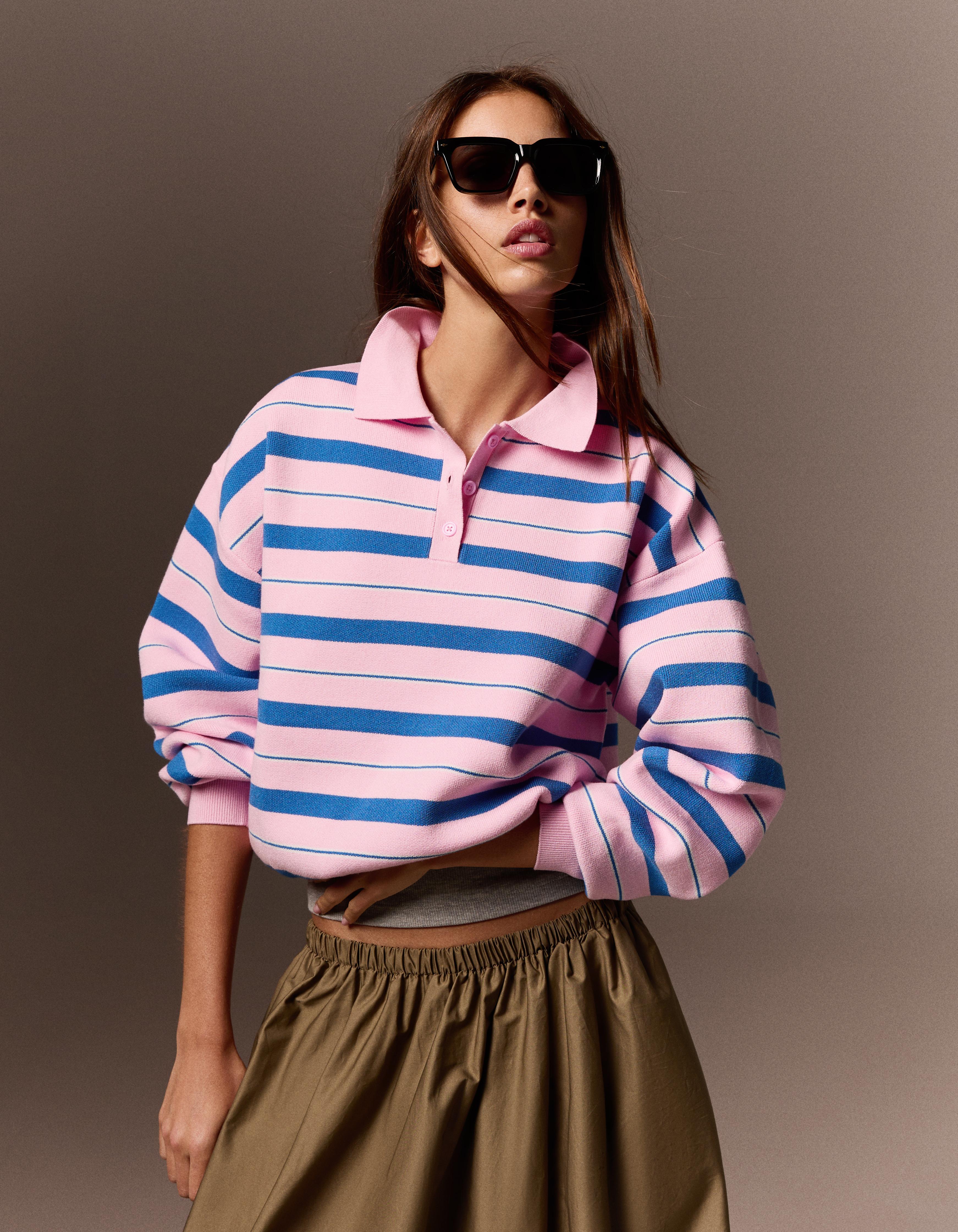 Bershka Jersey Cuello Polo Oversize Mujer Rosa