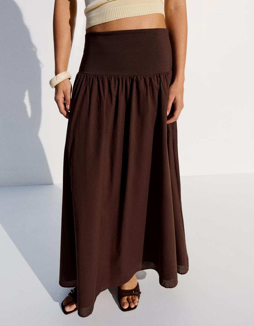 Jupe midi à ceinture-Marron