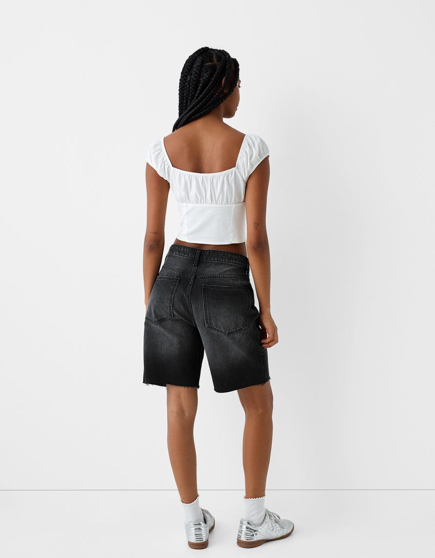 Calções bermuda denim straight 90's-Preto-1