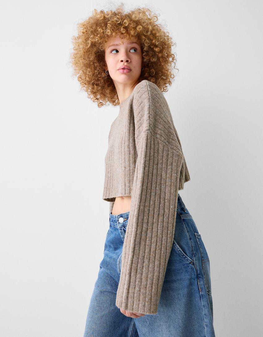 Pull cropped maille bord-côte épaules tombantes-Marron-3