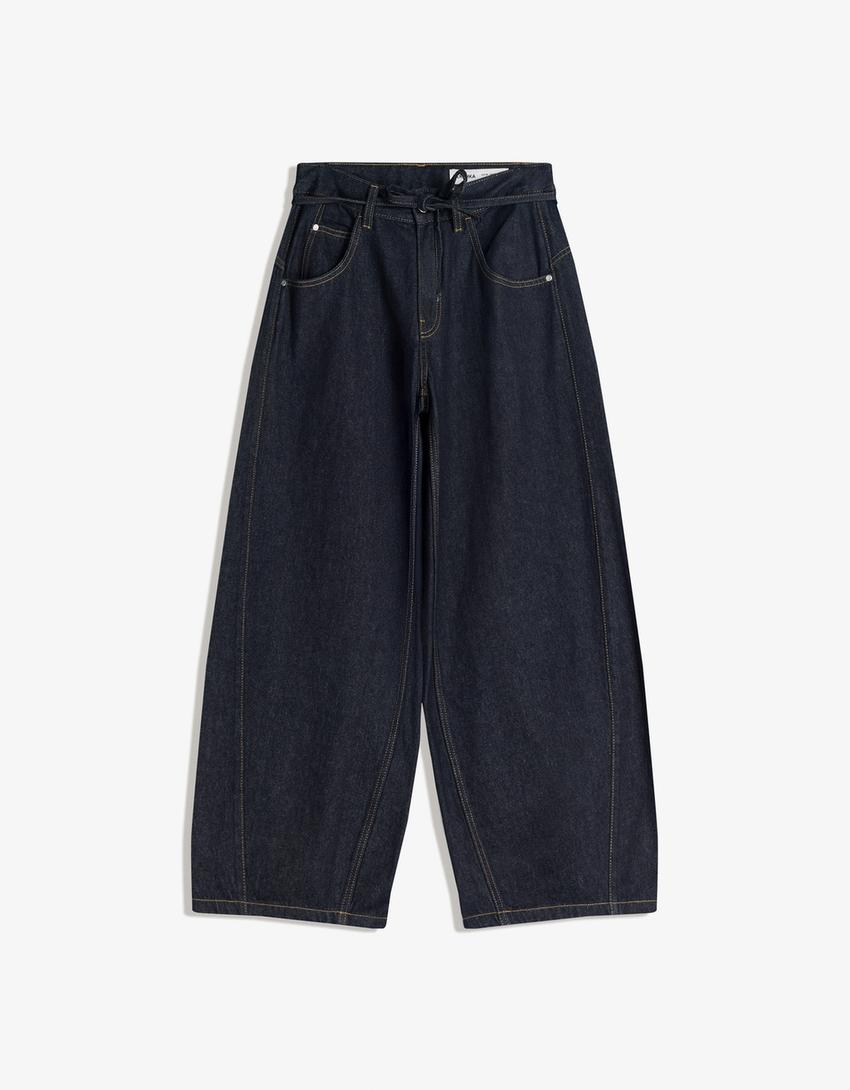 Jeans perna larga barrel fit cinto-Marinho