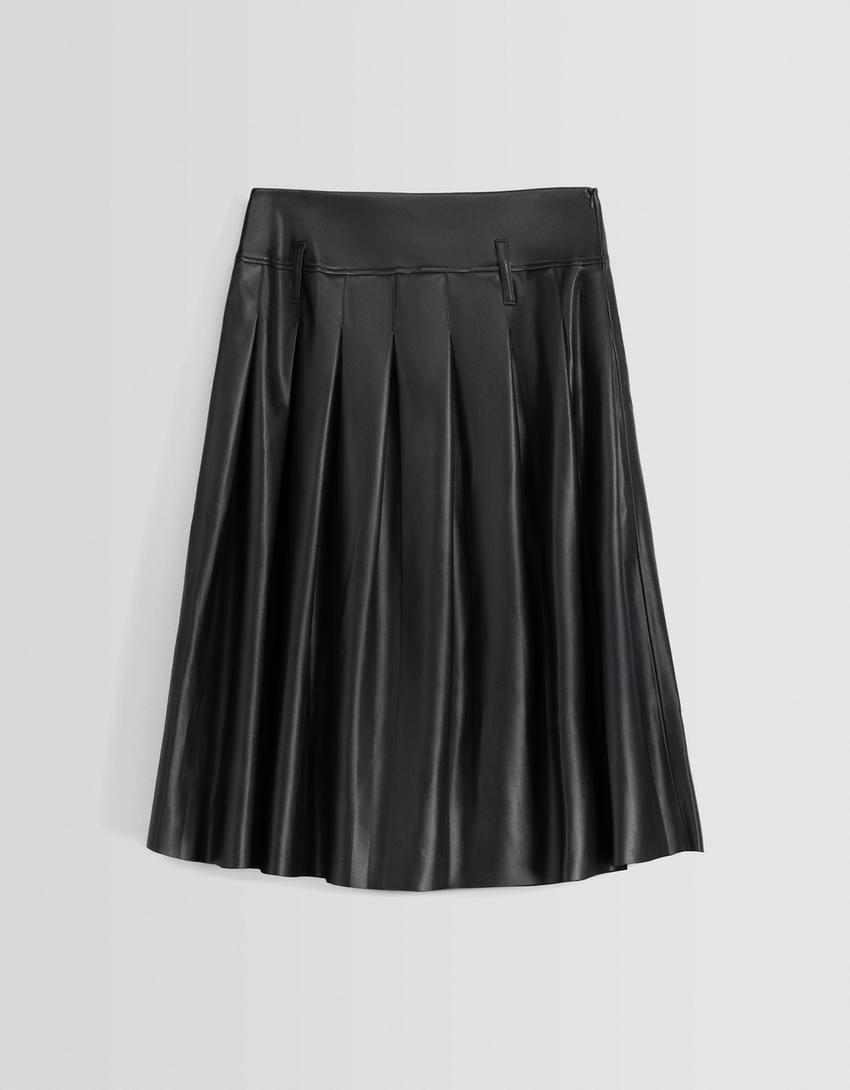 تنورة ميدي بليسيه من جلد صناعي-أسود-4