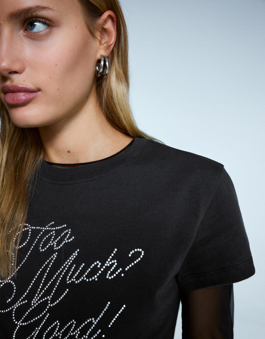 T-shirt à manches courtes imprimé strass-Gris foncé