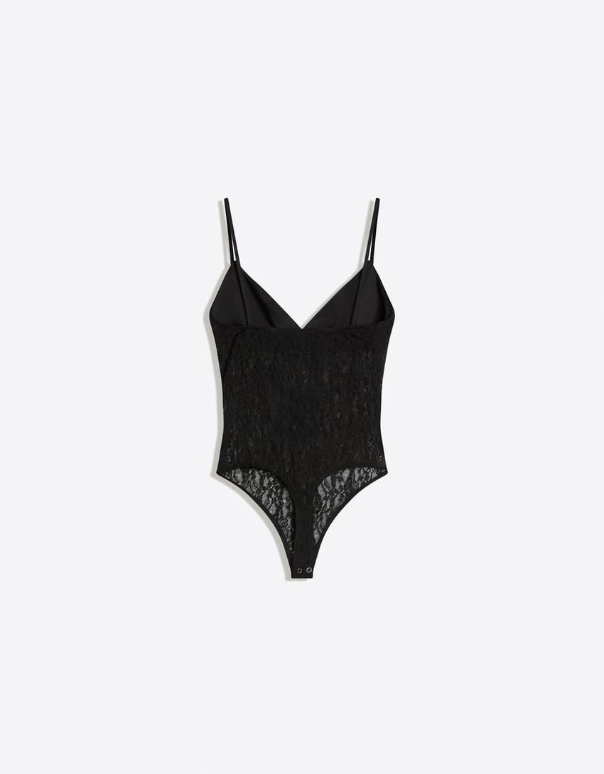 Lace strap bodysuit-Black
