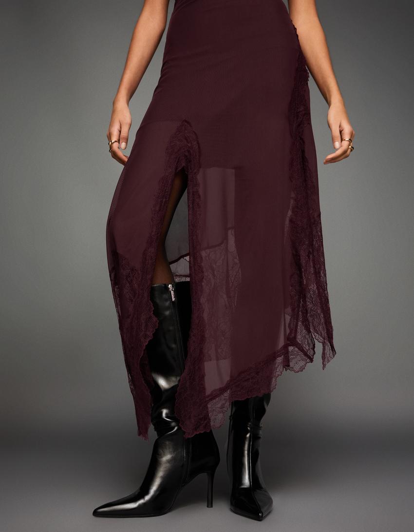 Vestido midi tul bandeau asimétrico lace-Burdeos