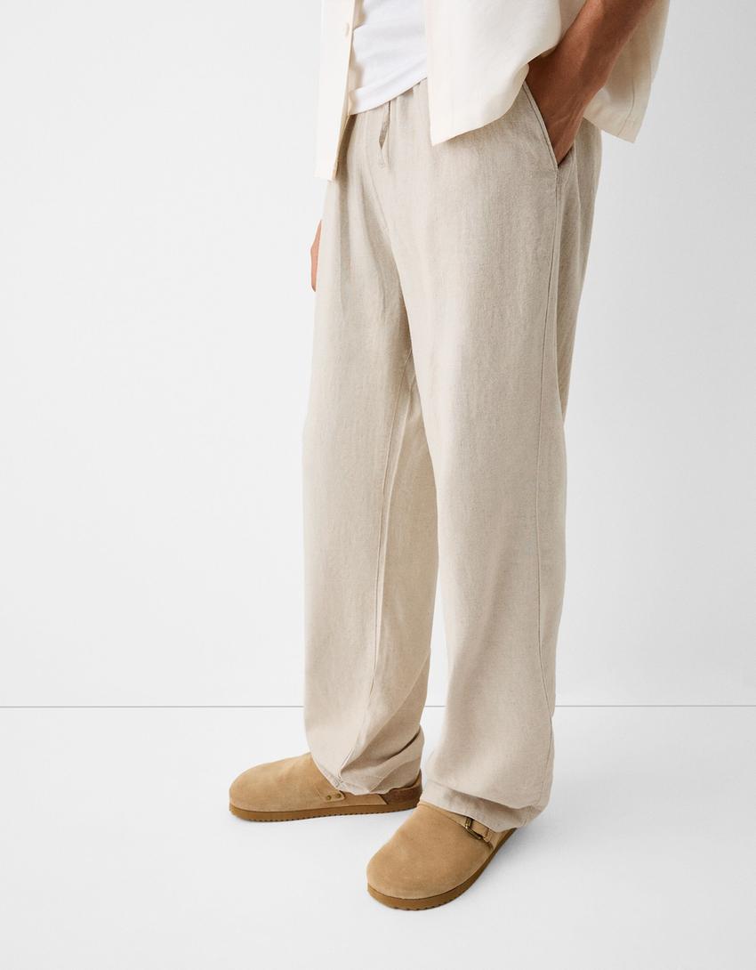 Pantalon jogging wide lin mélangé-Sable-3