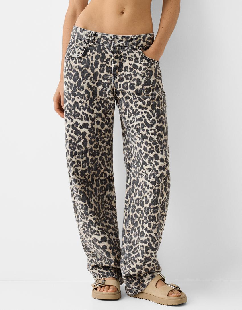 Balloon fit animal print baggy jeans-Beige