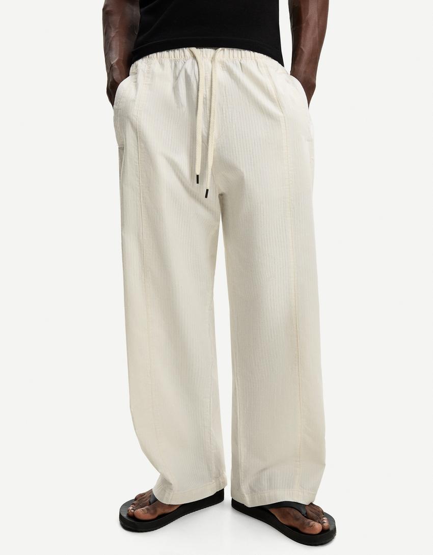 Super baggy fabric striped pants-Cream